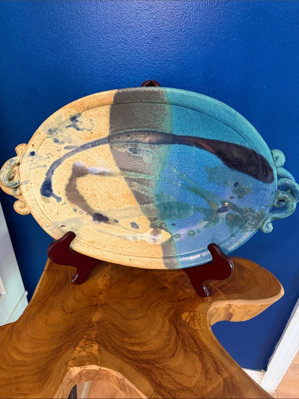 Vintage Handcrafted Turquoise & Tan Ceramic Studio Art Pottery Platter Unsigned